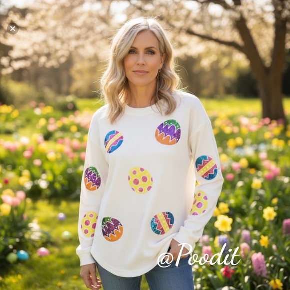 Sequin egg white corded Easter holiday pullover S M L XL 2 XL - Picture 2 of 4